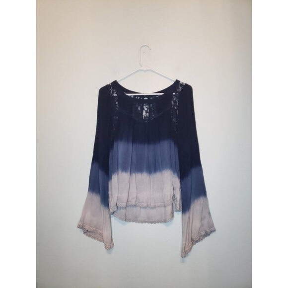 Patrons of Peace Tops - Patrons Of Peace Womens S Top Semi Sheer Lace Blue Ombre Long Bell Sleeve Rayon